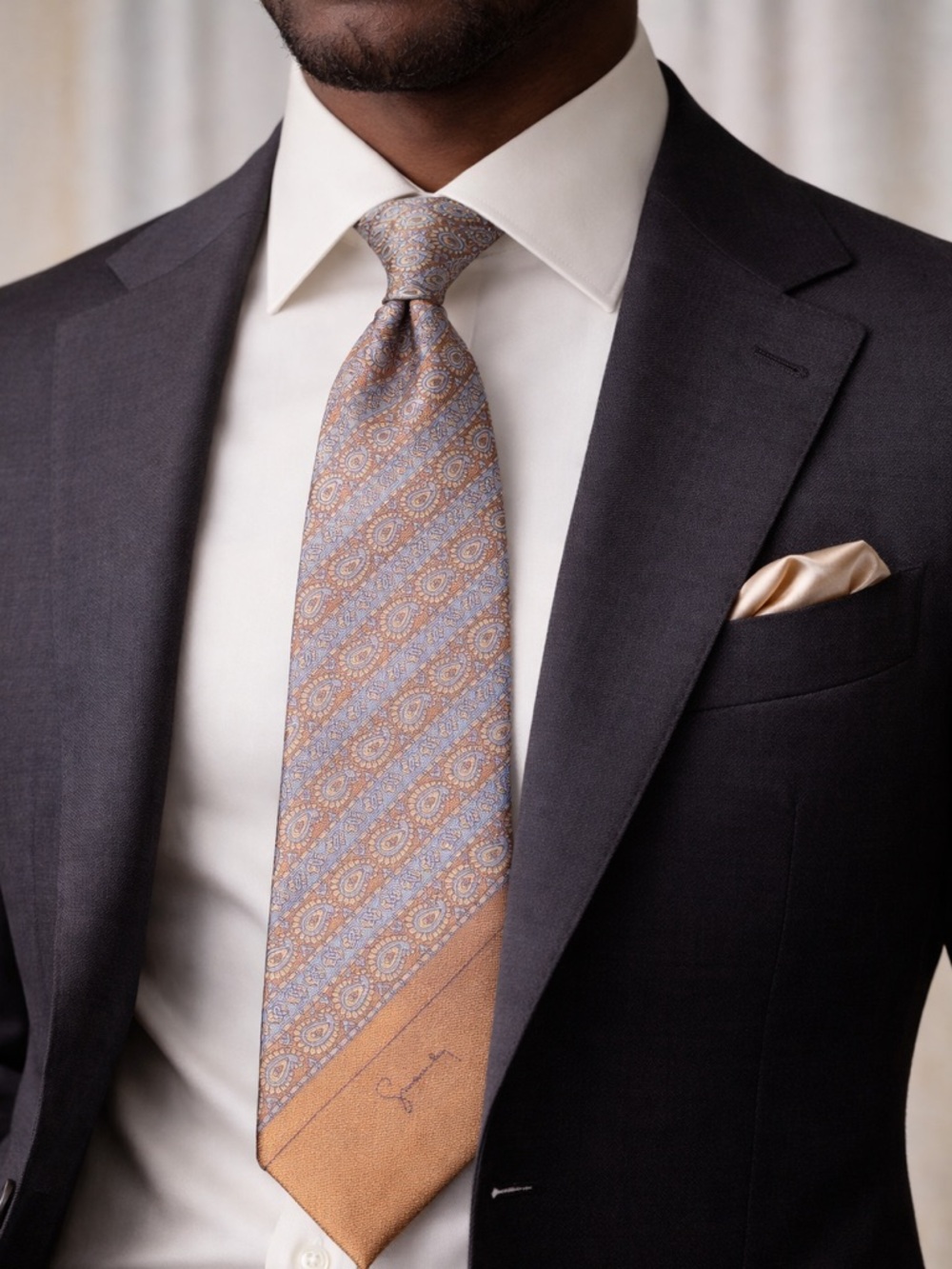 Givenchy Paris Silk Tie Blue Gold Paisley Diagonal Vintage Designer Luxury